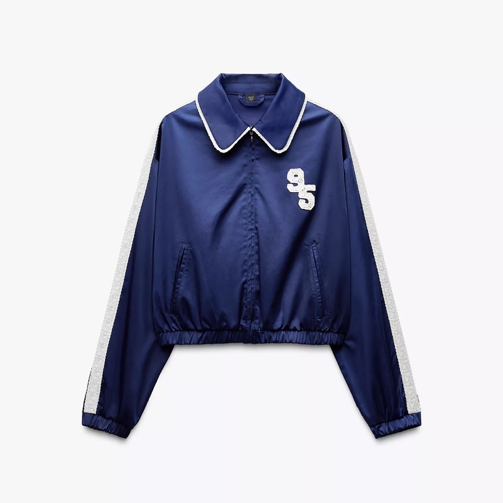 Zara Navy Blue Bomber Jacket with White Accents